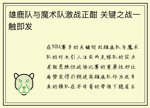 雄鹿队与魔术队激战正酣 关键之战一触即发