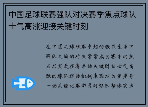 中国足球联赛强队对决赛季焦点球队士气高涨迎接关键时刻